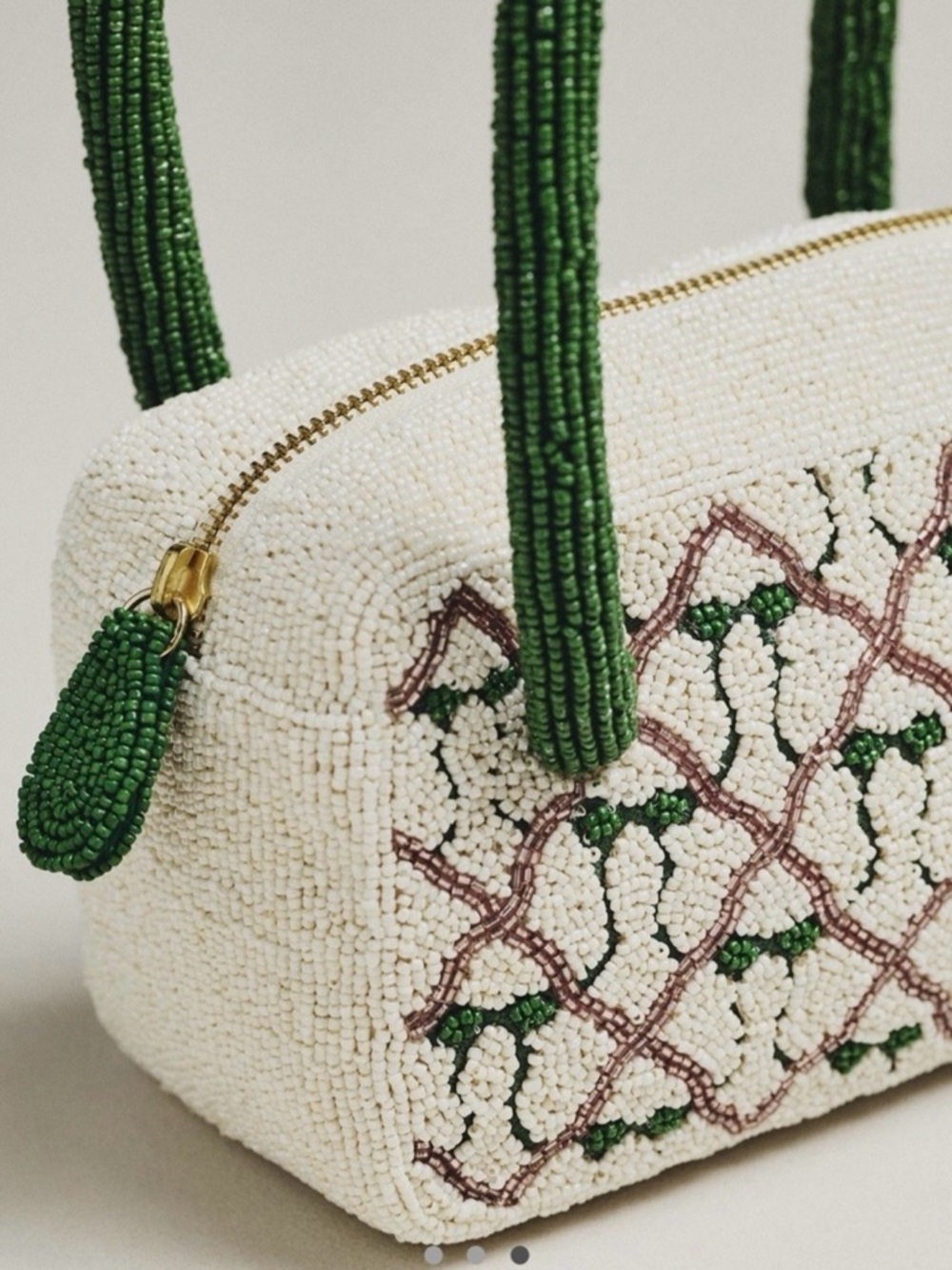 Anthropologie Beaded Cream Tote with Green Handles and Pink Accent - Picture 3 of 12